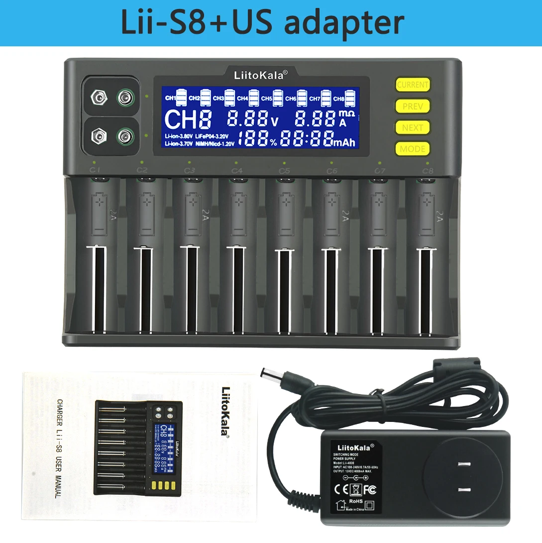 LiitoKala Lii-S8 LCD Universal Charger for 18650 26650 21700 26700 18350 AA AAA 9V Li-ion NiMH Li-FePO4 IMR Batteries 3.7V 1.2V