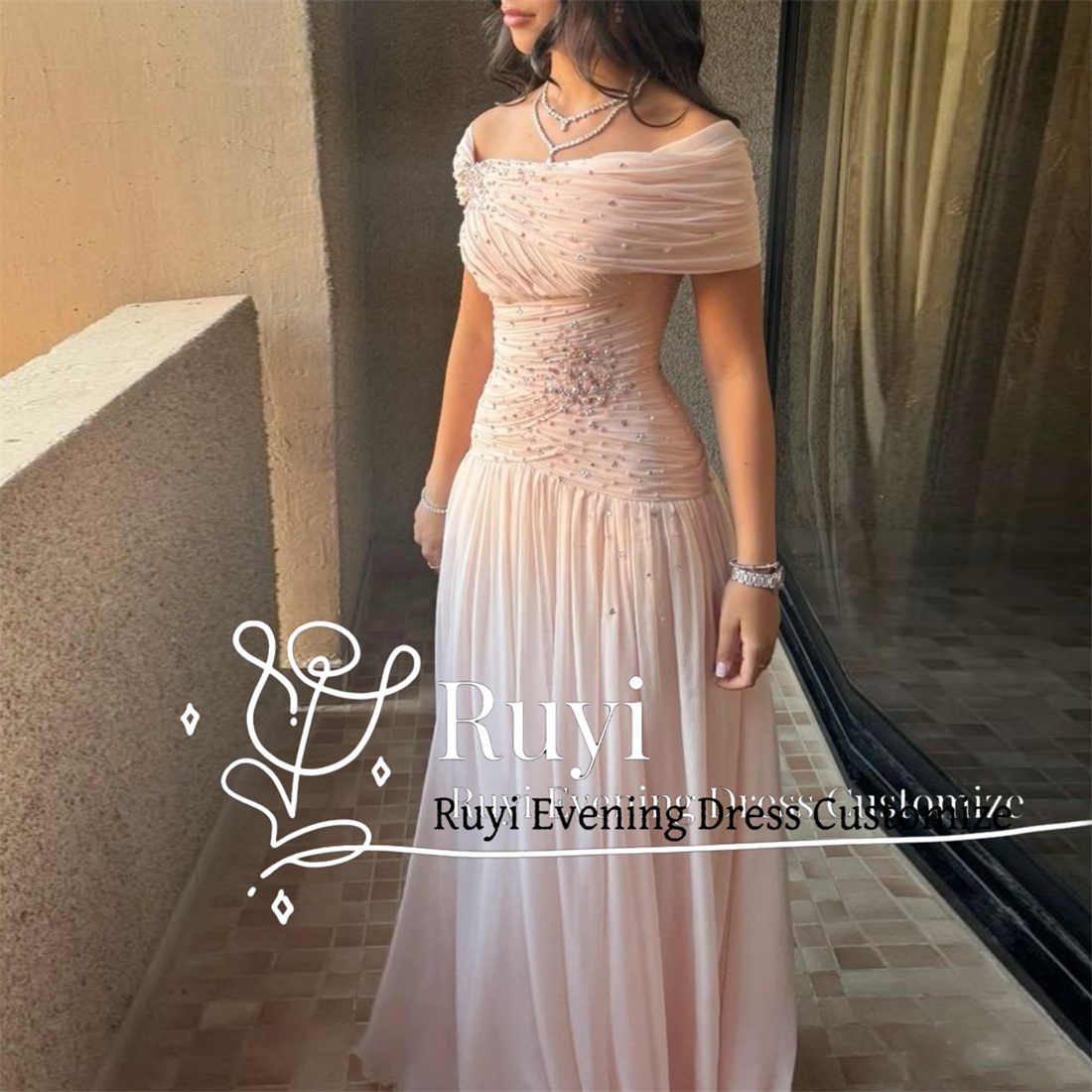 Aangepaste chiffon staaflijst geplooide zoete formele galajurk off-shoulder rits aan de achterkant formele gelegenheid avondjurk