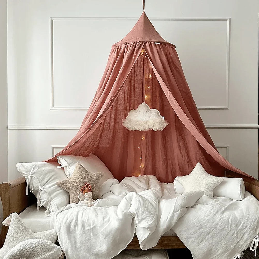 Kids Bed Canopy Cotton Linen Cover Net  Baby Crib Reading Nook Curtain Nursery Room Decor Hideaway Hanging Round Tent