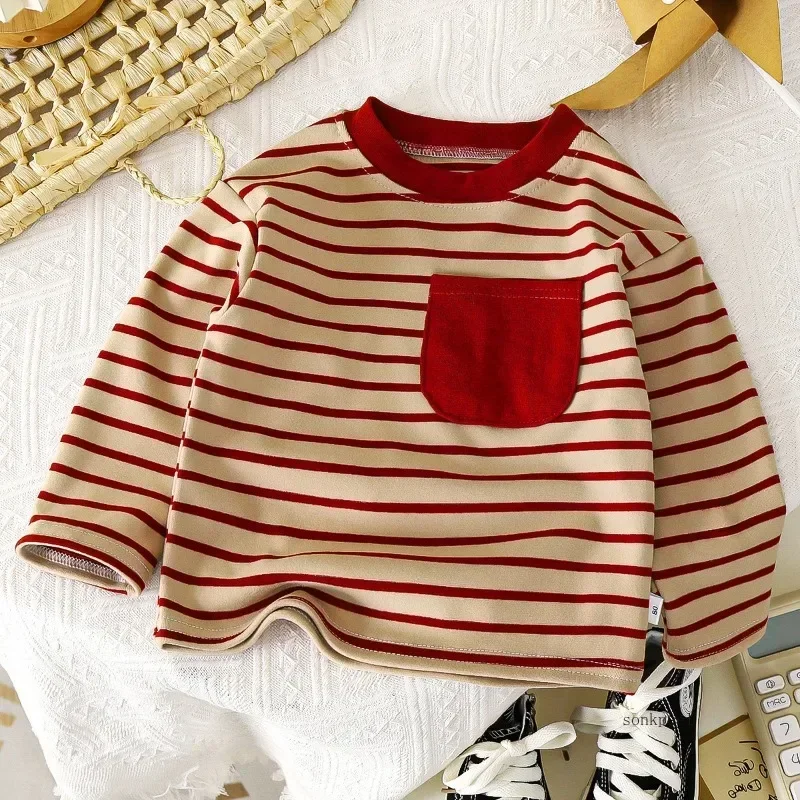maglietta a righe per bambini Ragazzi Ragazze Nuove magliette larghe casual Nuovo design Top a maniche lunghe in tinta unita Mantieni caldo in autunno e inverno