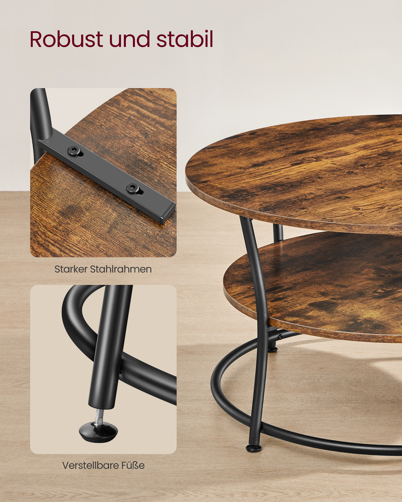 VASAGLE salontafel ronde woonkamertafel banktafel met plank, eenvoudig constructie metaal industrieel ontwerp