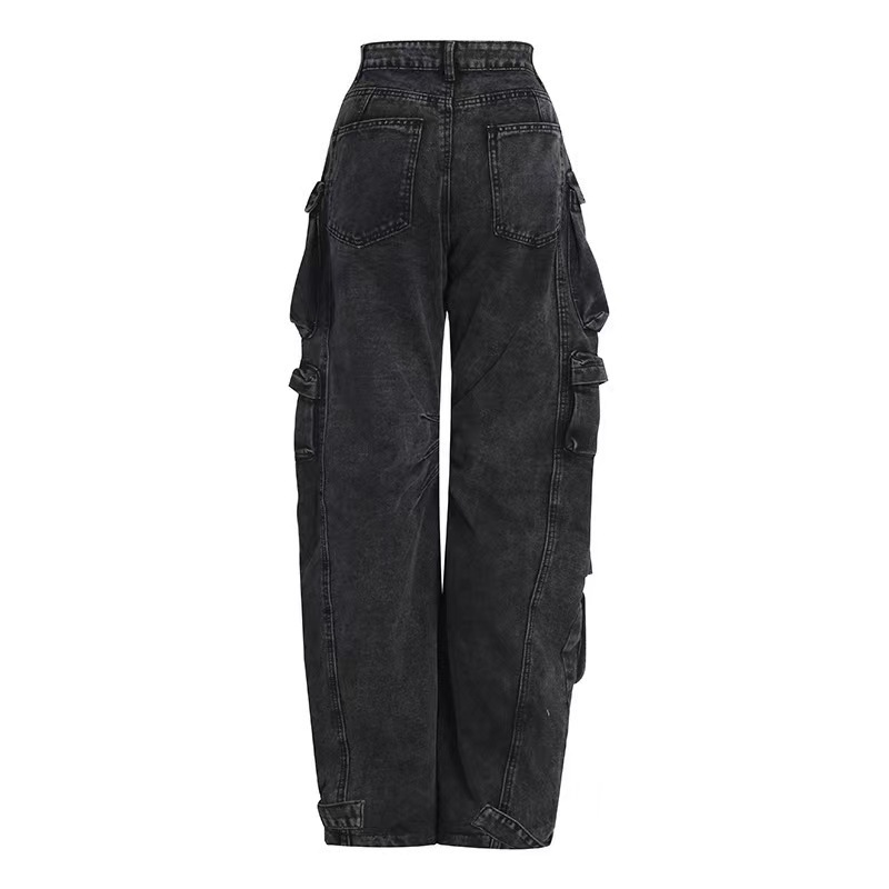 New Street Trendy Damen-Arbeitskleidung aus amerikanischem Schwarz-Grau-Denim mit mehreren Taschen