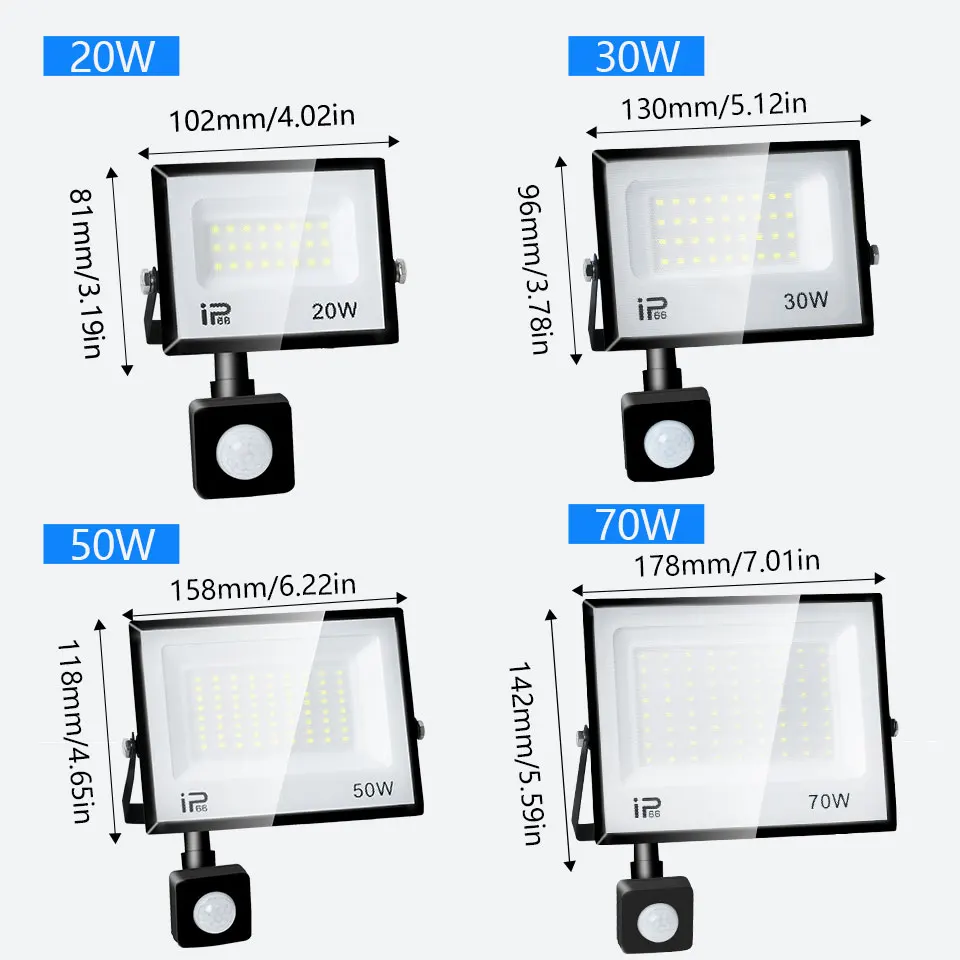 AC175-265V IP66 reflector LED PIR Sensor de movimiento 20W 30W 50W 70W 100W 150W 200W300W impermeable para iluminación de jardín, calle y garaje