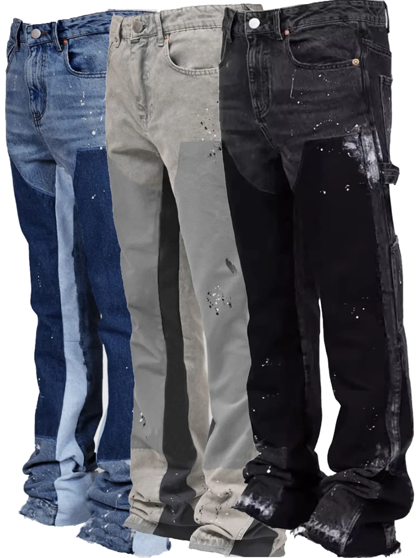 2025 Pantalones vaqueros de trabajo de moda para hombres, ropa de trabajo de moda europea y americana, pantalones acampanados en capas de mezclilla de retales elásticos S-XXL