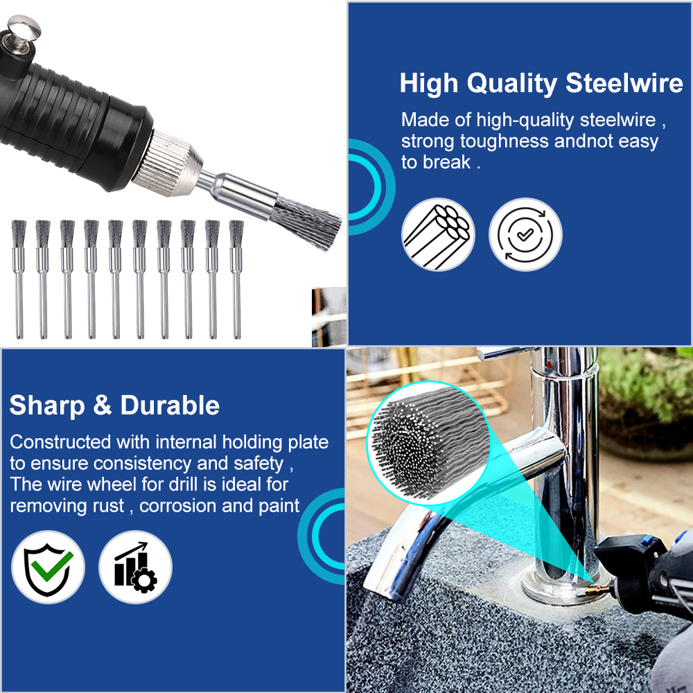Conjunto de escova de roda de fio de aço cmcp, haste de 3.0mm para ferramenta rotativa dremel, ferramenta de polimento de metal, escova de ferramenta abrasiva