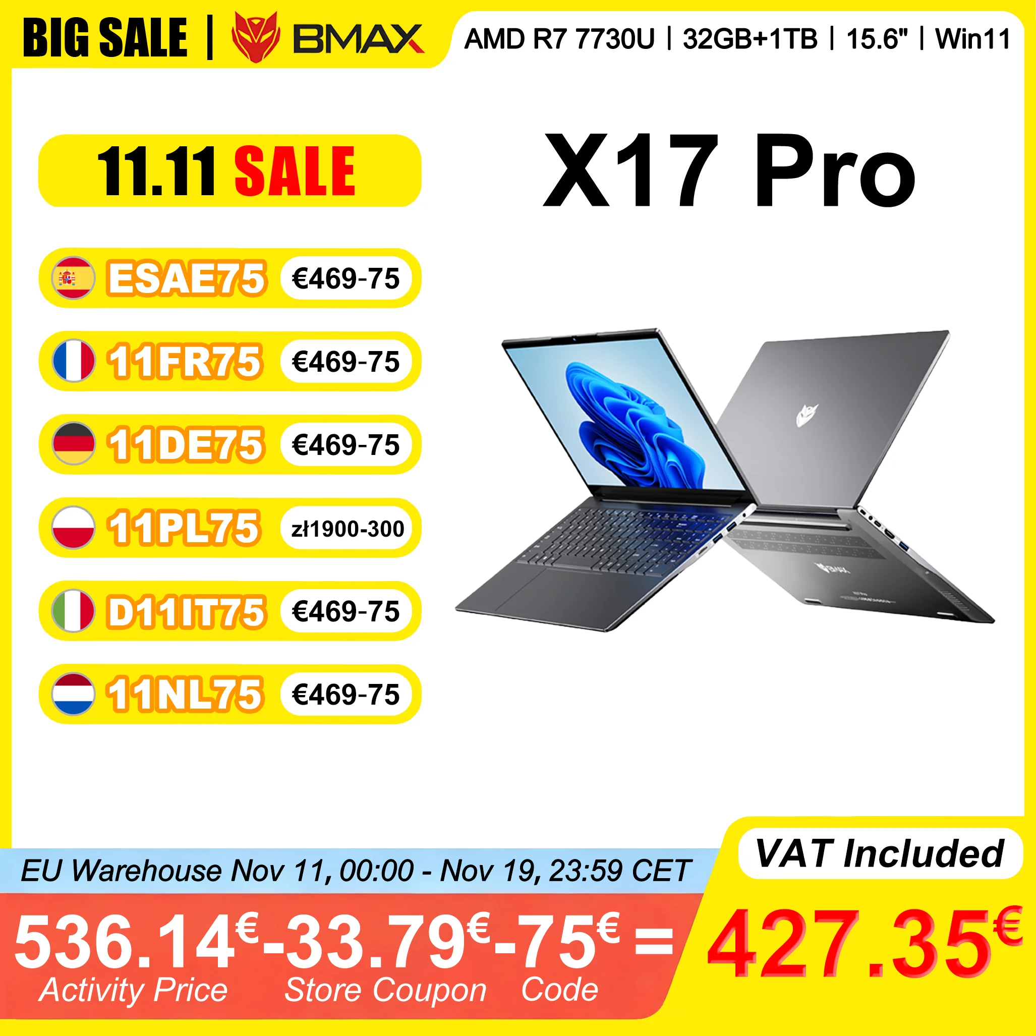 Laptop BMAX X17 Pro 15,6 cala Full HD 32 GB RAM 1 TB SSD AMD Ryzen 7 7730U Windows 11 Gaming i Biznes BT WiFi Type-C Notebook