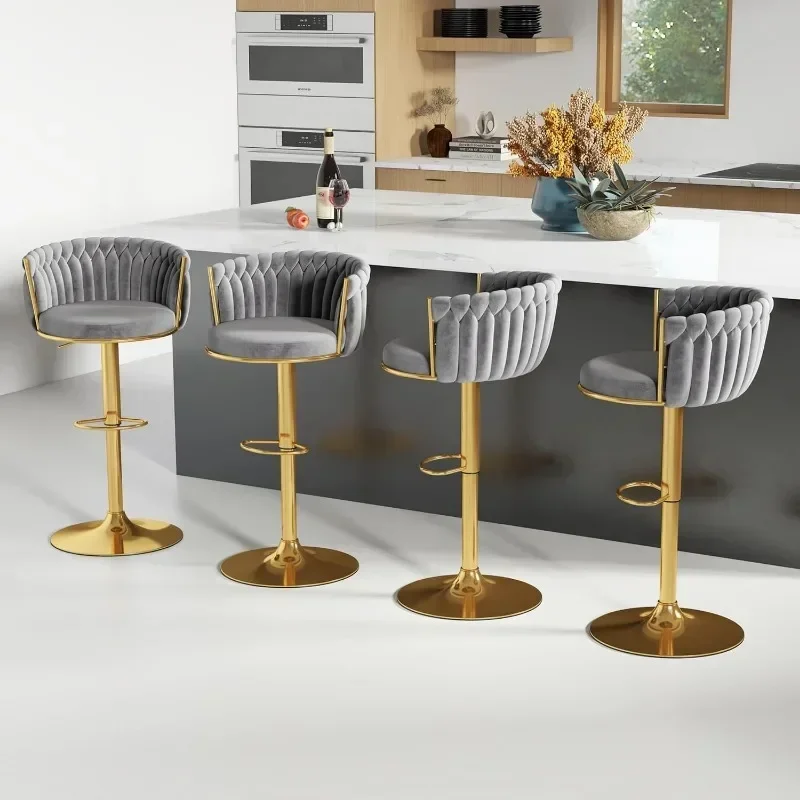 Bar Stool Set of 4, Velvet Swivel Barstools, Height Adjustable Counter Stools with Woven Backrest, Upholstered Modern
