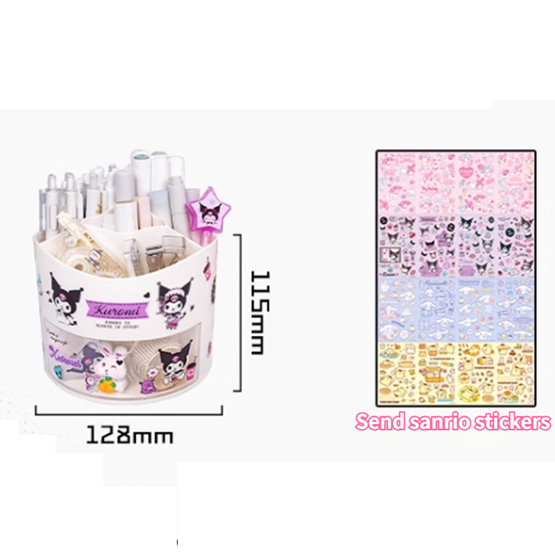 Вращающийся держатель для ручек Miniso Sanrio, ящик для хранения, настольный органайзер и наклейки Kawaii Sanrio Cinnamoroll, милые канцелярские принадлежности для девочек