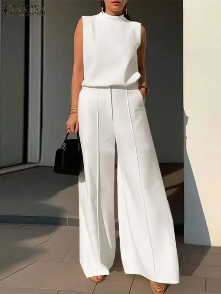 Elegante chique feminino 2 peças conjuntos zanzea mulher 2025 fatos de treino moda 2 pçs roupas ternos regatas e calças de perna larga conjuntos