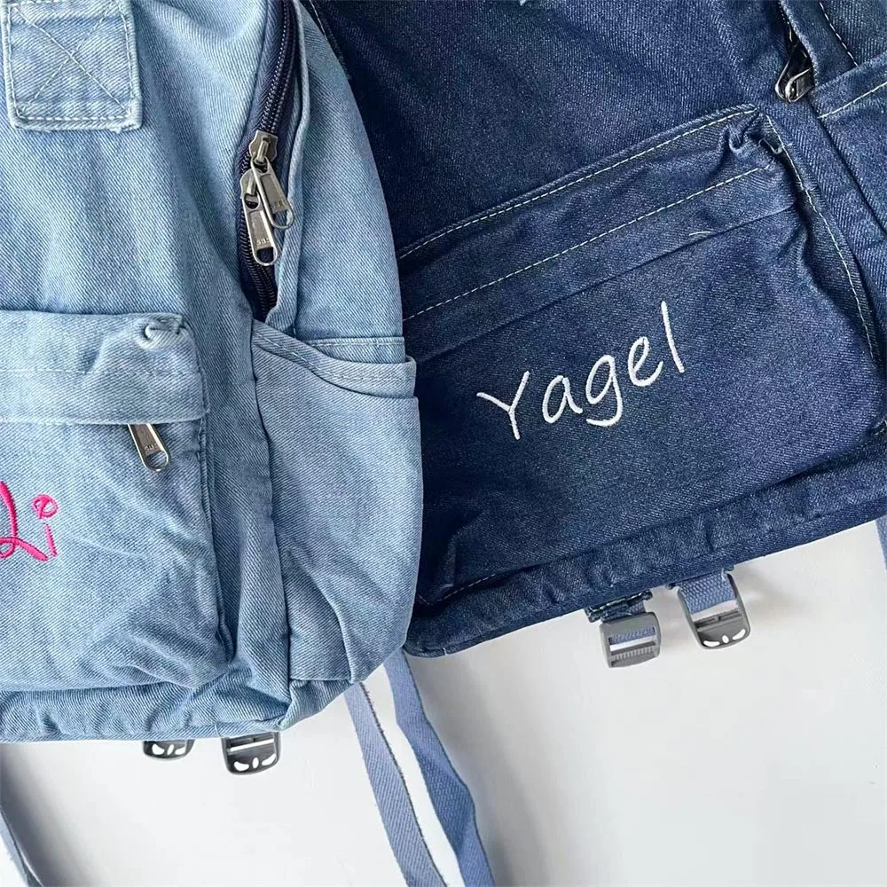 Mochila jeans feminina, bolsa de presente personalizada com nome bordado, bolsa de ombro simples para estudantes universitários