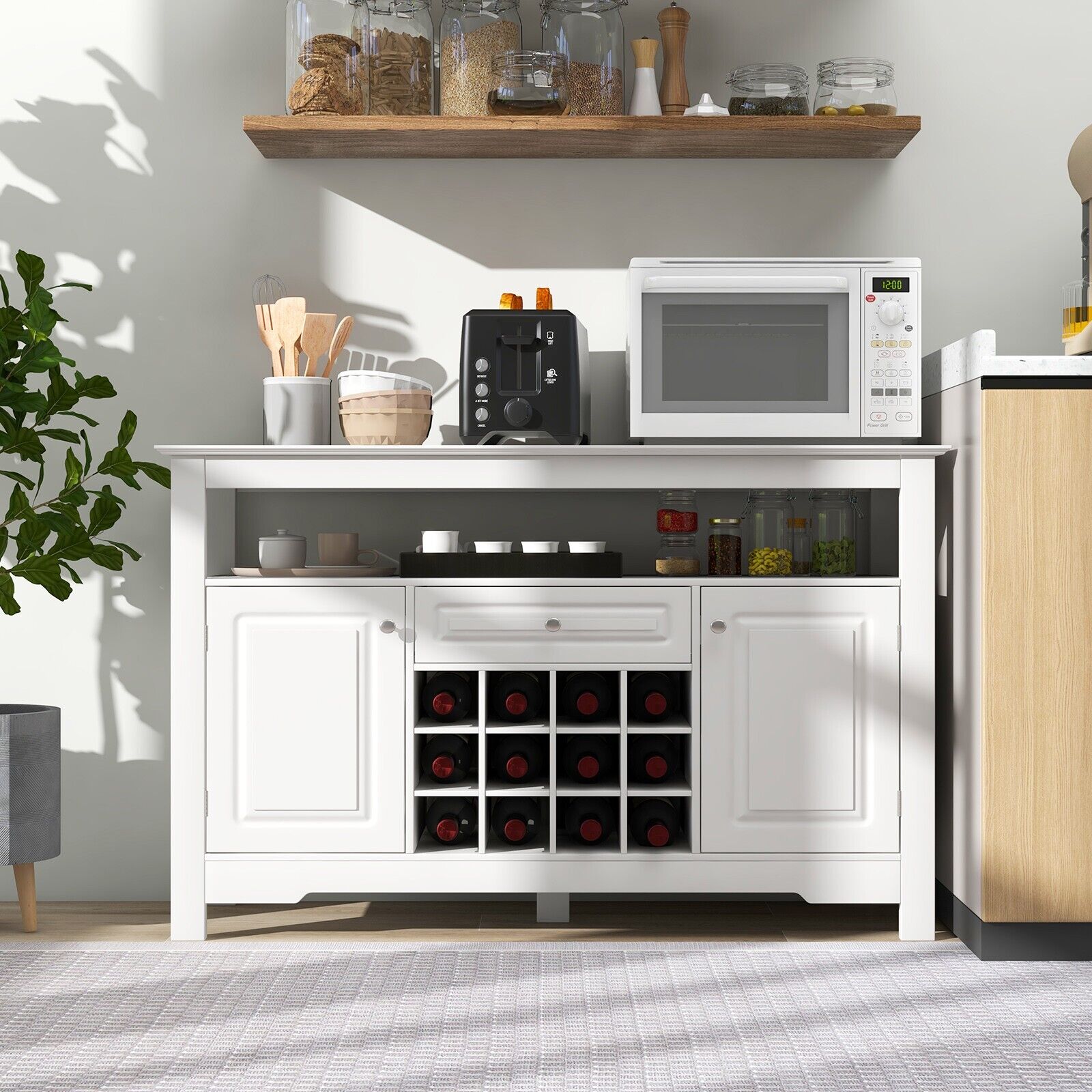 GOFLAME Wooden Storage Cabinet Freestanding Bar Buffet Sideboard with Wine Rack Drawer