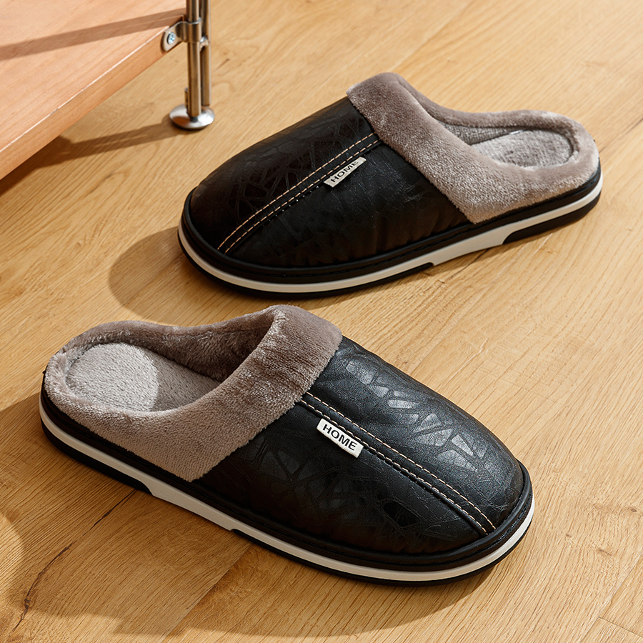 큰 크기 겨울 캐주얼 남자 슬리퍼 실내 방수 PU 가죽 홈 신발 모피 플랫 따뜻한 패션 침실 Houseshoes