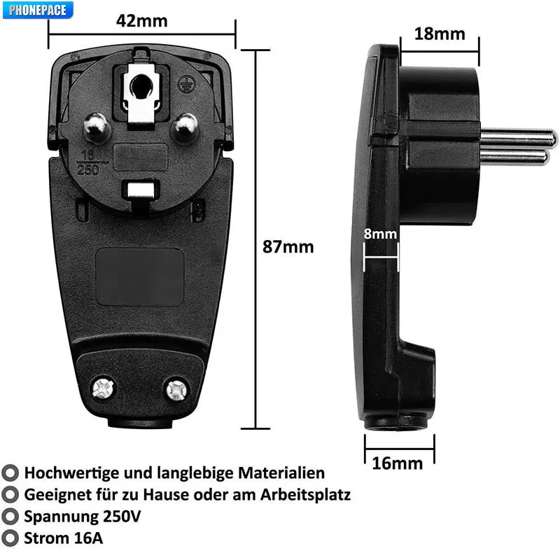 Euro-Standard Deutscher selbstmontierter europäischer Netzkabelstecker mit Zugring, deutscher und französischer Universalstecker mit gebogenem, ultradünnem Stecker