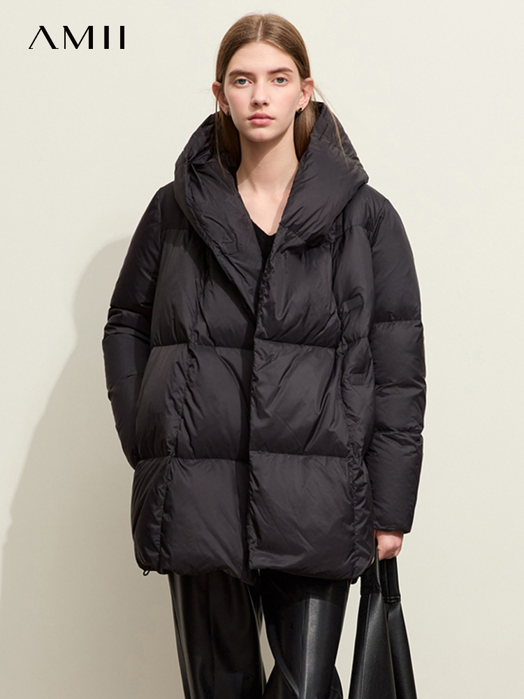 AMII-Chaqueta minimalista con capucha para mujer, chaqueta de plumón de pato, ropa holgada y cálida para pan, ropa de calle de mezcla a la moda para mujer 2024 12324087