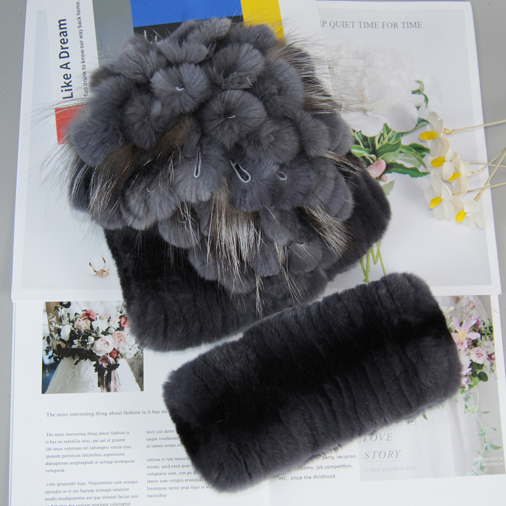 Gran oferta, gorro de piel de conejo Rex cálido para mujer, conjuntos de bufanda, gorros de piel tejidos para mujer, silenciador, 2 piezas, gorro de piel de conejo Rex Natural, bufandas
