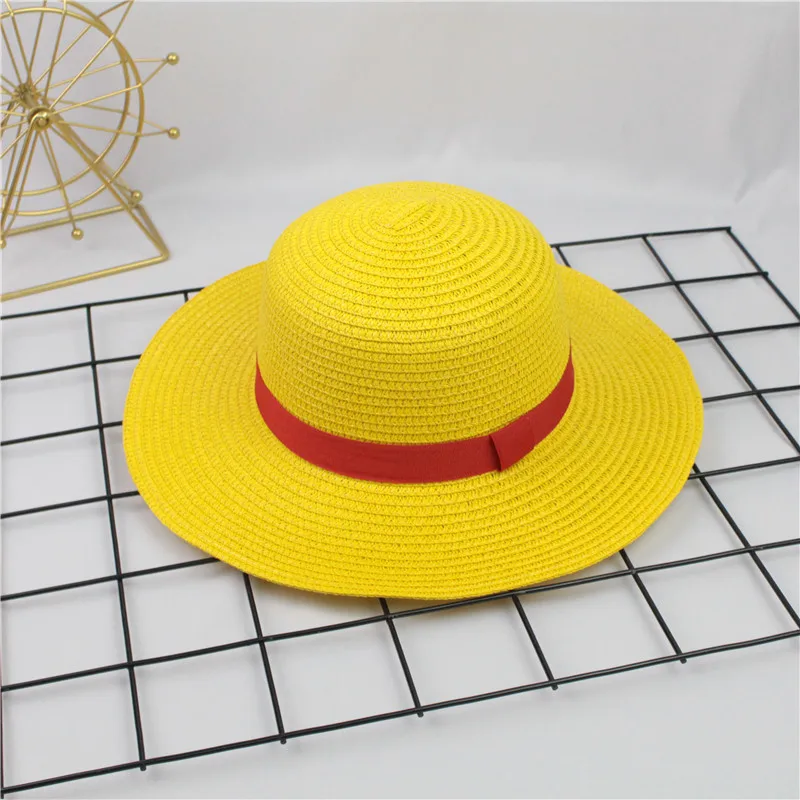 Brdwn Rufy Cappello di paglia piatto unisex con cordino per il collo Cosplay Cappello di scena per cartoni animati giapponesi