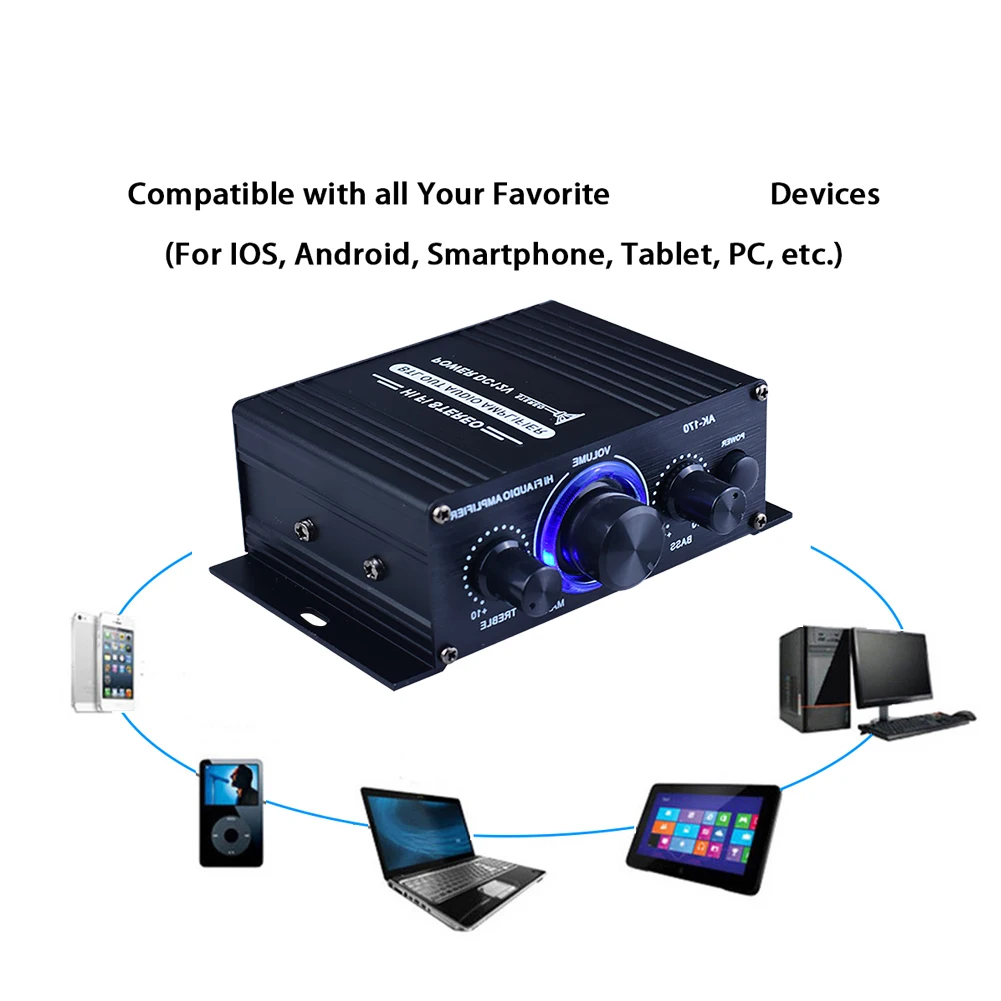 AK-170 Mini HiFi Stereo Audio Amplifier Bluetooth LED 200W+200W 12V Dual Channel Power Home Car Amp with RCA Input Amplificador