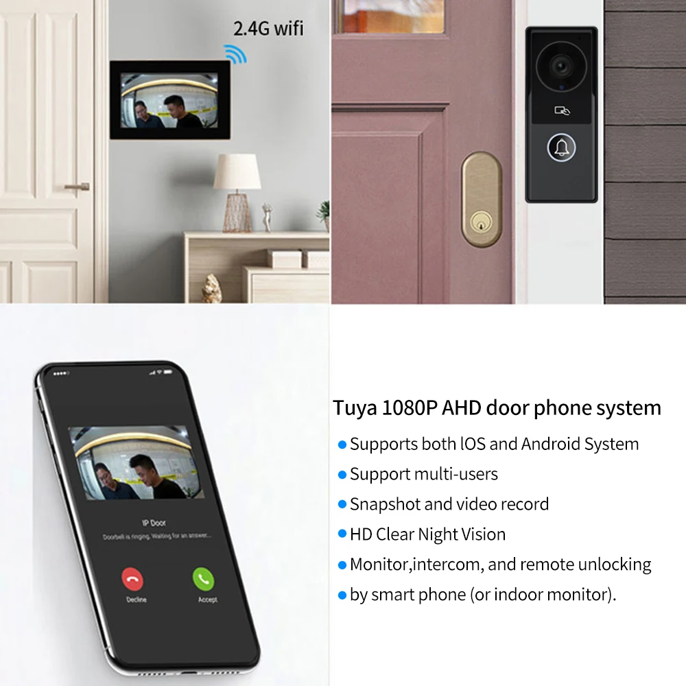 Tuya aplicativo inteligente vídeo porteiro wi fi ir telefone da porta de vídeo anel sem fio 1080p h.264 wi fi campainha interfone villa