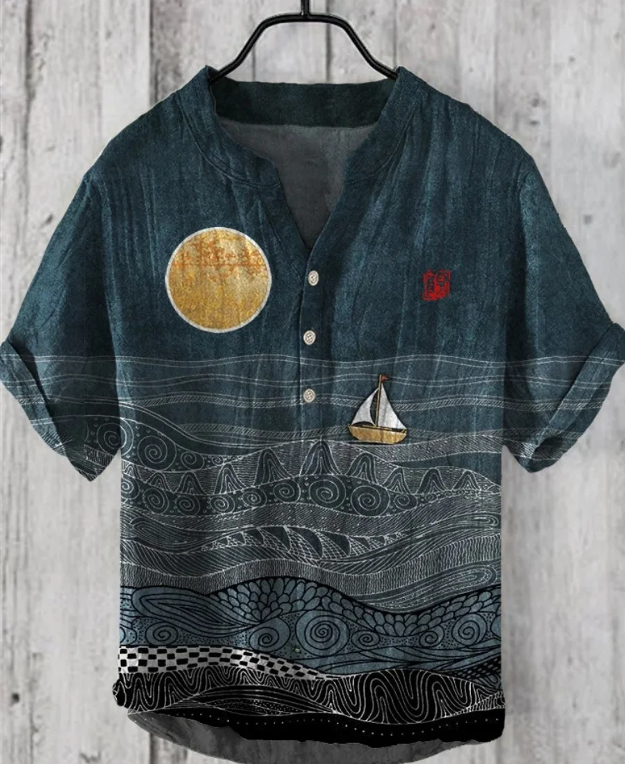 Men's casual retro printed short-sleeved linen shirt with ocean fish pattern, a fashionable export garment