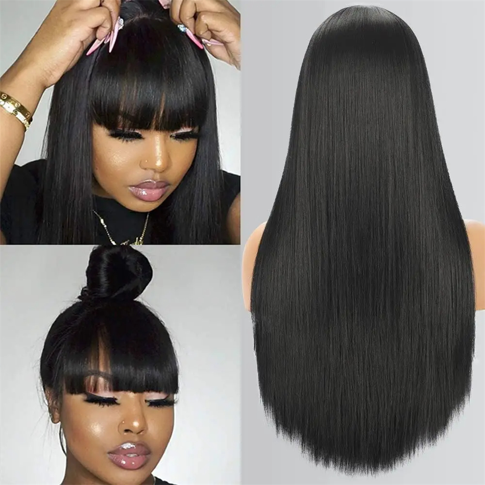 3X1 partie centrale dentelle perruque os droite perruque de cheveux humains avec frange brésilienne pleine Machine faite 100% perruques de cheveux humains pour les femmes