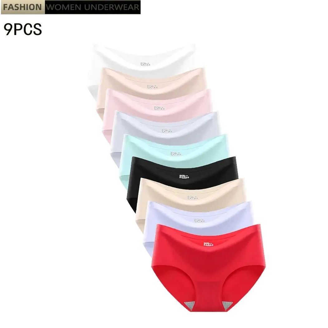 9 unids/lote de ropa interior de seda de hielo sin costuras para mujer, ropa interior monocromática, bragas sexis de cintura media para chica y estudiante, cómodas