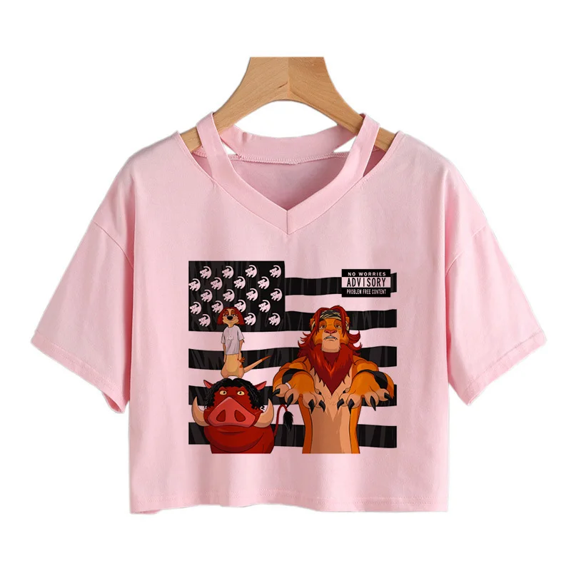 Kaus Crop Top warna Pink Disney The Lion King T-shirt Harajuku Crop Top pakaian Wanita kaus Harajuku Hakuna Matata