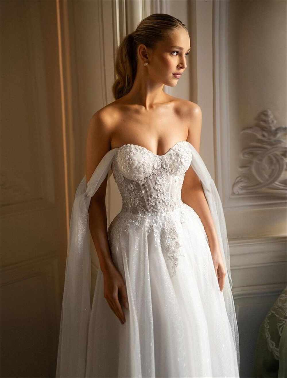 Charming Two Straps Sweetheart Lace Applique Shiny Bridal Grown A Line Wedding Dresses Custom Made Sweep Train 2026 Vestido