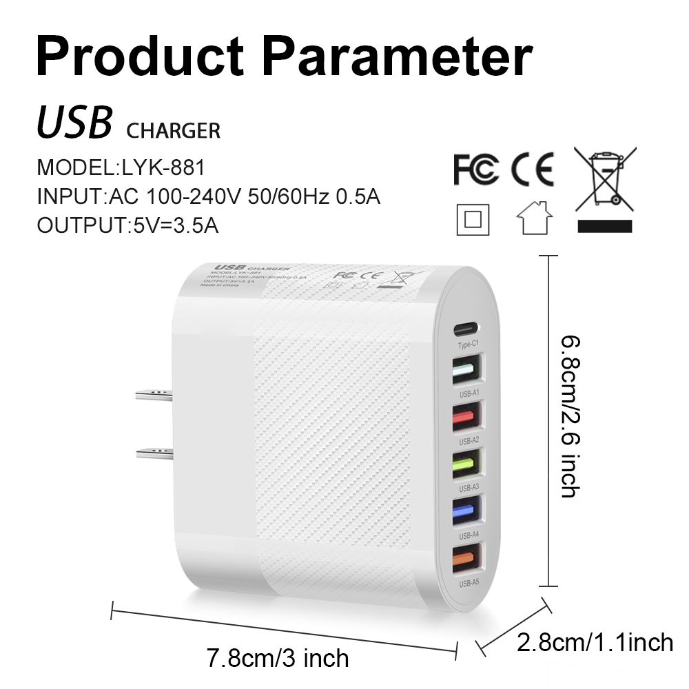 6 Ports USB Typ C Ladegerät PD Schnellladeadapter Quick Charge3.0 für iPhone Samsung Xiaomi Huawei Telefon Wandladegerät Stecker # 3