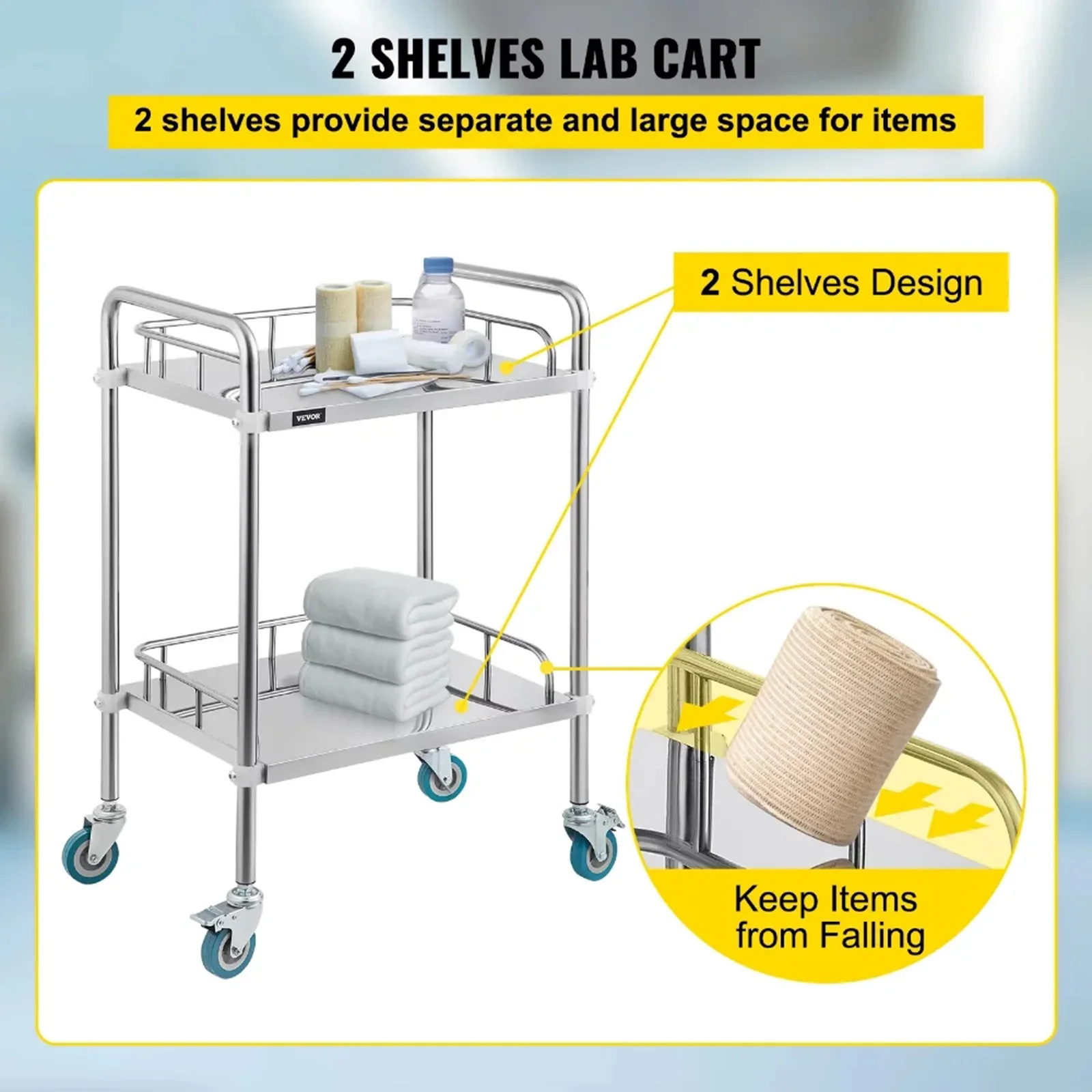 Stainless Steel 3 Layers Salon Trolley Cart With 360° Silent Wheels Instrument Trolley For Hospital Dressing Change Nursing Cart