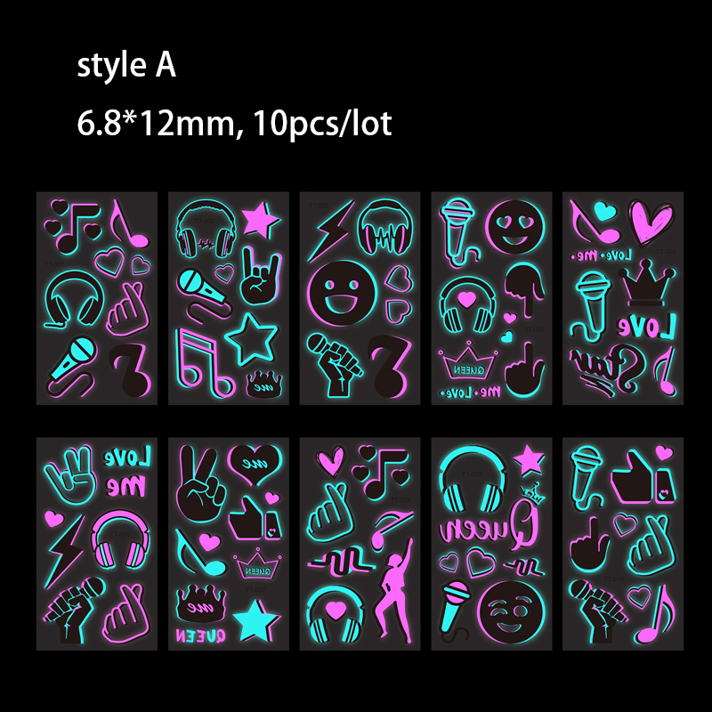Luminous Music Festival Tattoo Glowing Dance Party สติกเกอร์รอยสักกันน้ําชั่วคราวเพลงหมายเหตุ/ชุดหูฟัง Art สติกเกอร์ผิว