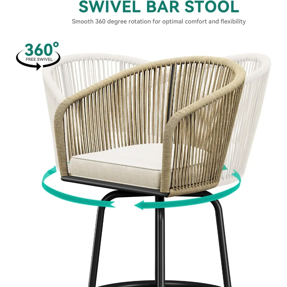 Counter Height Bar Stools Set of 4, Outdoor Bar Stools with Soft Cushions, Patio Rattan Swivel Bar Chairs for Backyard  Poolside