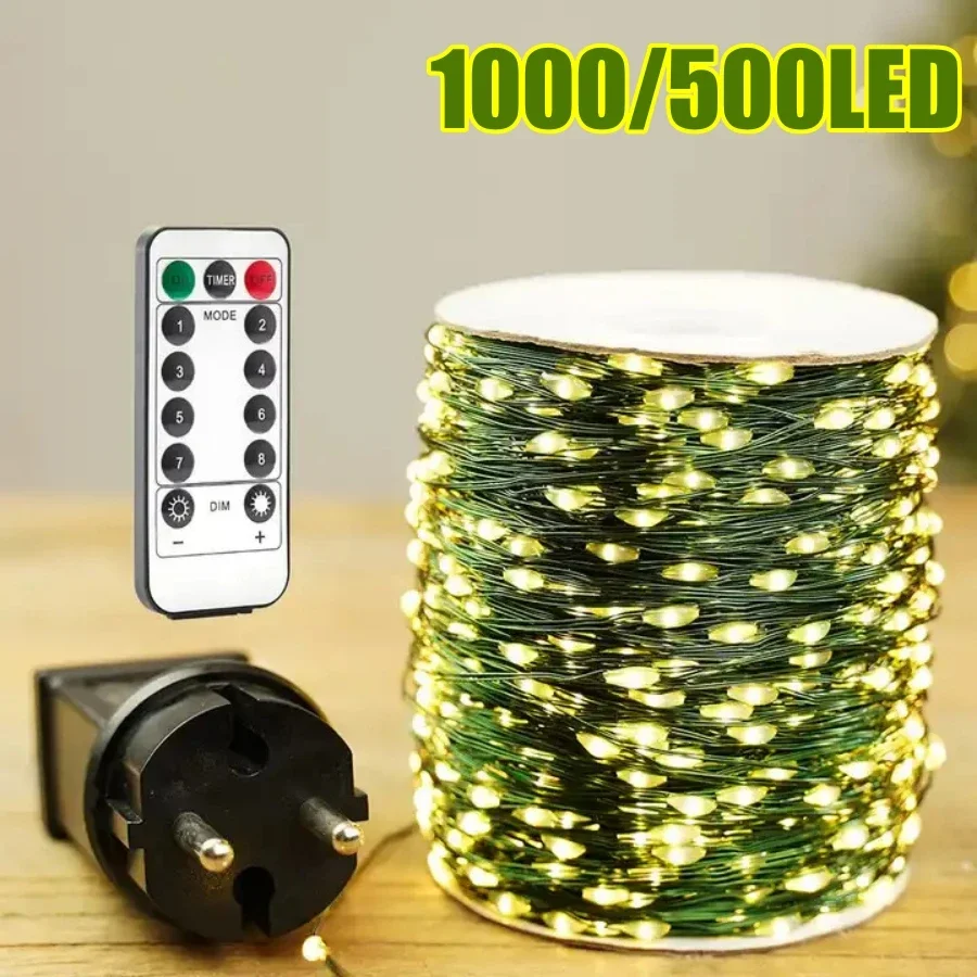 1000/500LED Green Wire Led String Fairy Lights US/EU Plug 110V/220V Waterproof LED Christmas Tree Holiday Home Garden Decor Xmas