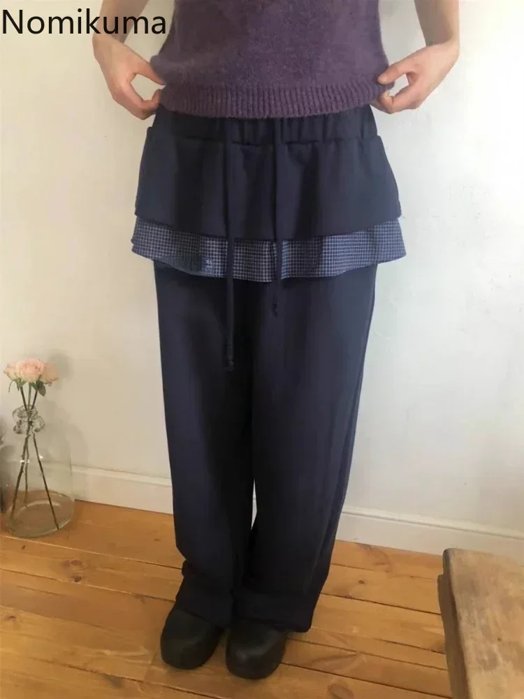 Moda feminina japonês sweatpants pantalon streetwear corredores femme retalhos xadrez casual em linha reta y2k calças 2024 novos bottoms