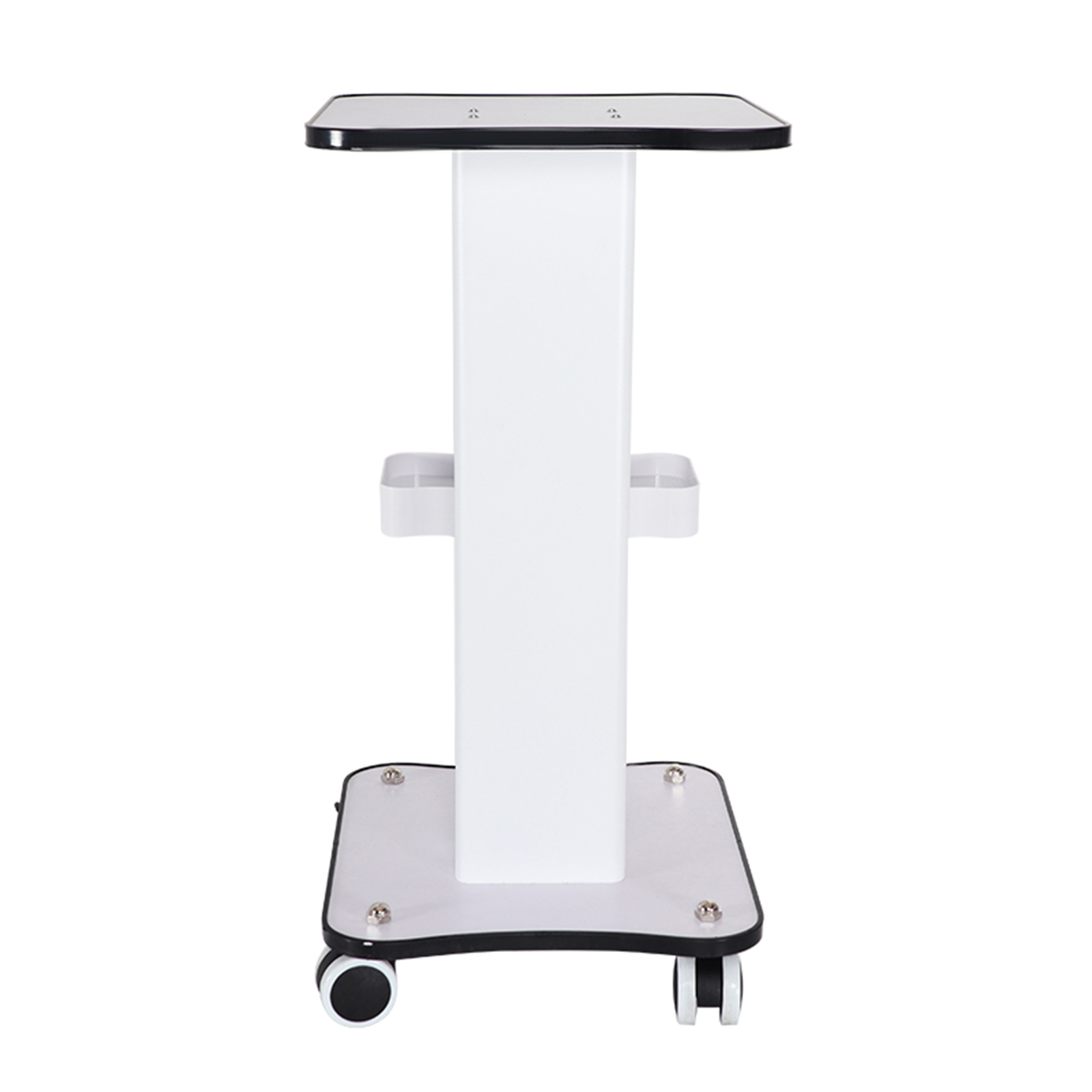 Carrello da salone bianco con 4 ruote, capacità 15 kg, struttura in ferro e legno per organizzare forniture e macchine di bellezza
