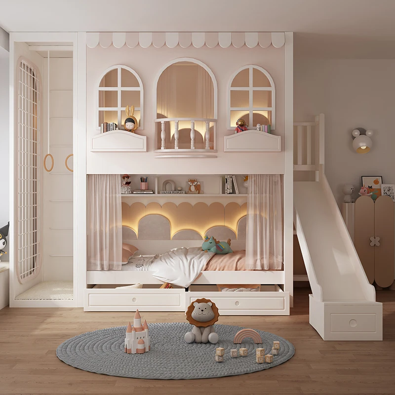 Camas superiores e inferiores Todas as camas altas e baixas de madeira maciça Multifuncional com arcos Estrutura de escalada Cama de casa de árvore Cama infantil