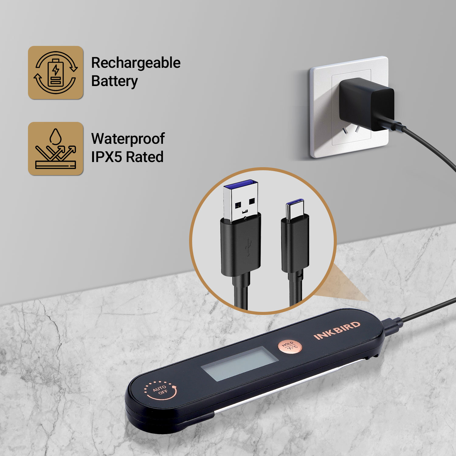 INKBIRD-termómetro Digital IHT-1X para carne, dispositivo con sondas plegables, resistente al agua IPX5, recargable, para barbacoa y freír profundamente
