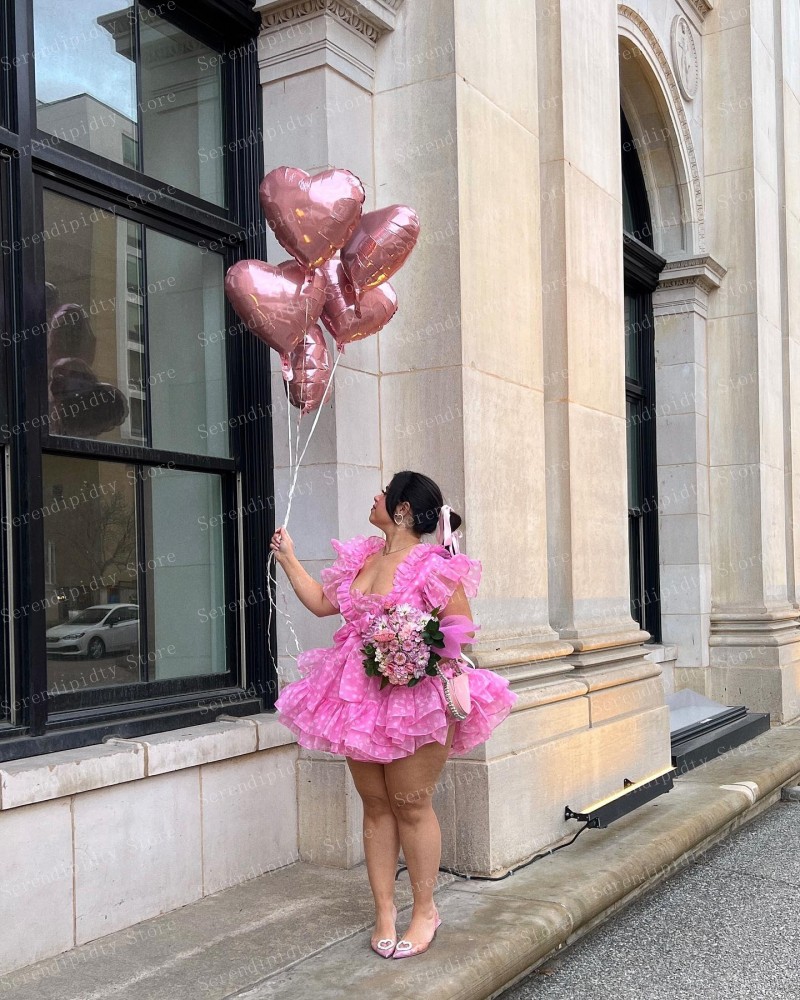 SERENDIPIDTY-vestido de festa manga curta para meninas, vestido de coquetel, decote em v, babados, comprimento mini, em camadas, doce, casual