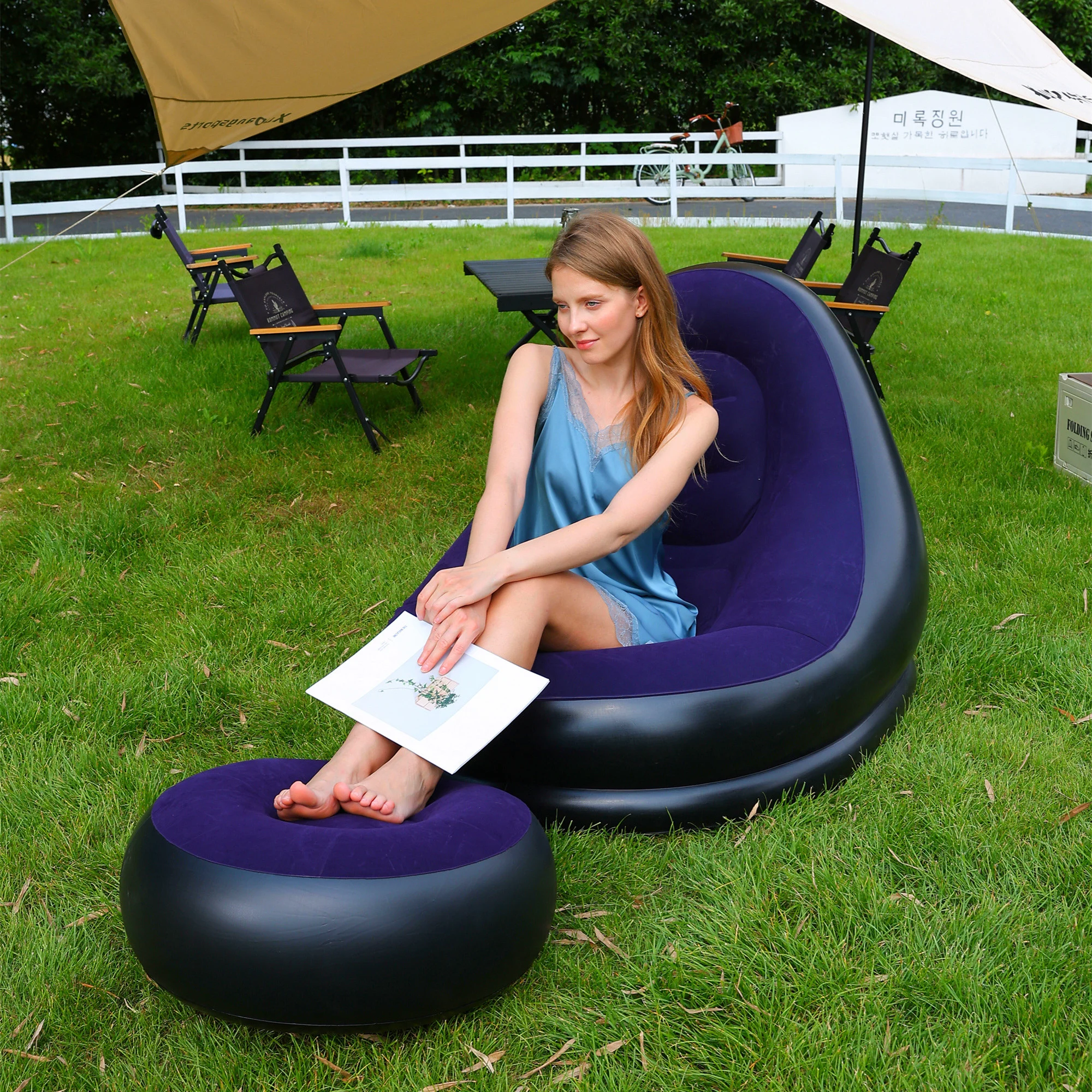 Sofá perezoso, silla inflable, sofá cama plegable reclinable para exteriores, taburete, cama de aire plegable portátil, juego de sillón para el almuerzo