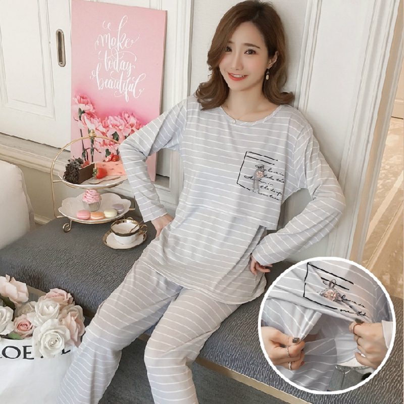 여성 간호 잠옷 Homewear 봄 가을 출산 잠옷 세트 귀여운 모유 수유 의류 긴팔 임신 잠옷