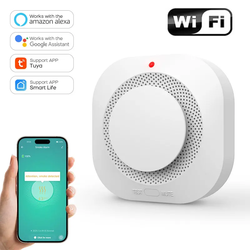 PGST WIFI Tuya Rilevatore di fumo intelligente Sicurezza domestica - Sensore di fumo avanzato e allarme antincendio con compatibilità SmartLife