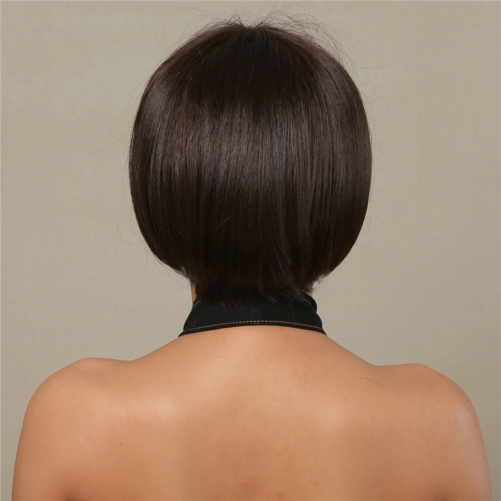 30% เส้นผมมนุษย์ผสมเส้นใยสังเคราะห์ผู้หญิง Bob สั้น Wigs ธรรมชาติสีน้ำตาลเข้มตรงวิกผมความร้อนทน Daily ใช้วิกผมคอสเพลย์