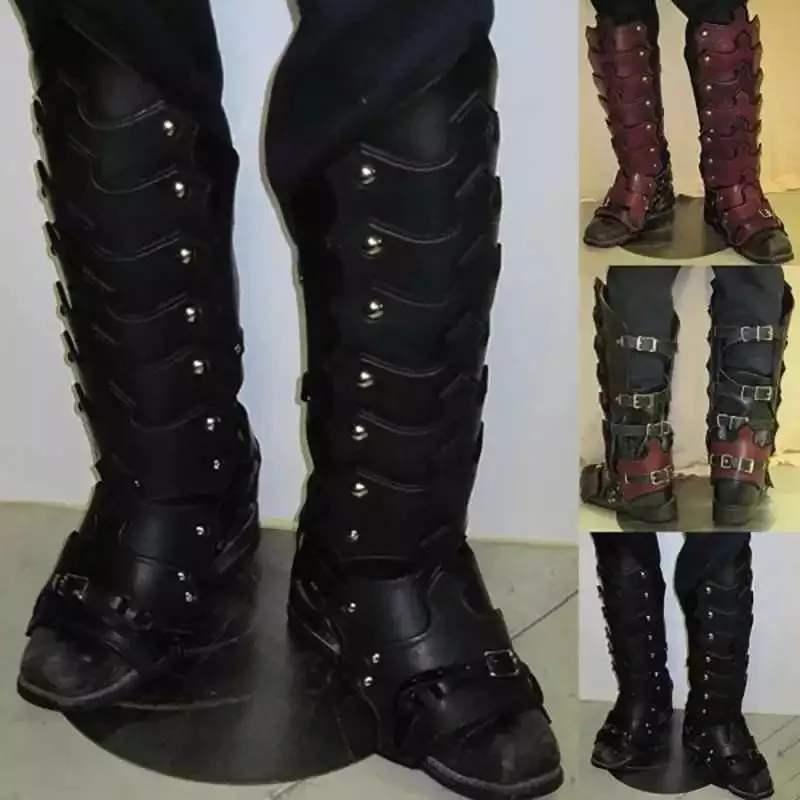 中世 Larp Pu レザー脚鎧ゴシックグリーブゲートルバイキング騎士衣装キットコスプレライダー靴ブーツカバー男性のための