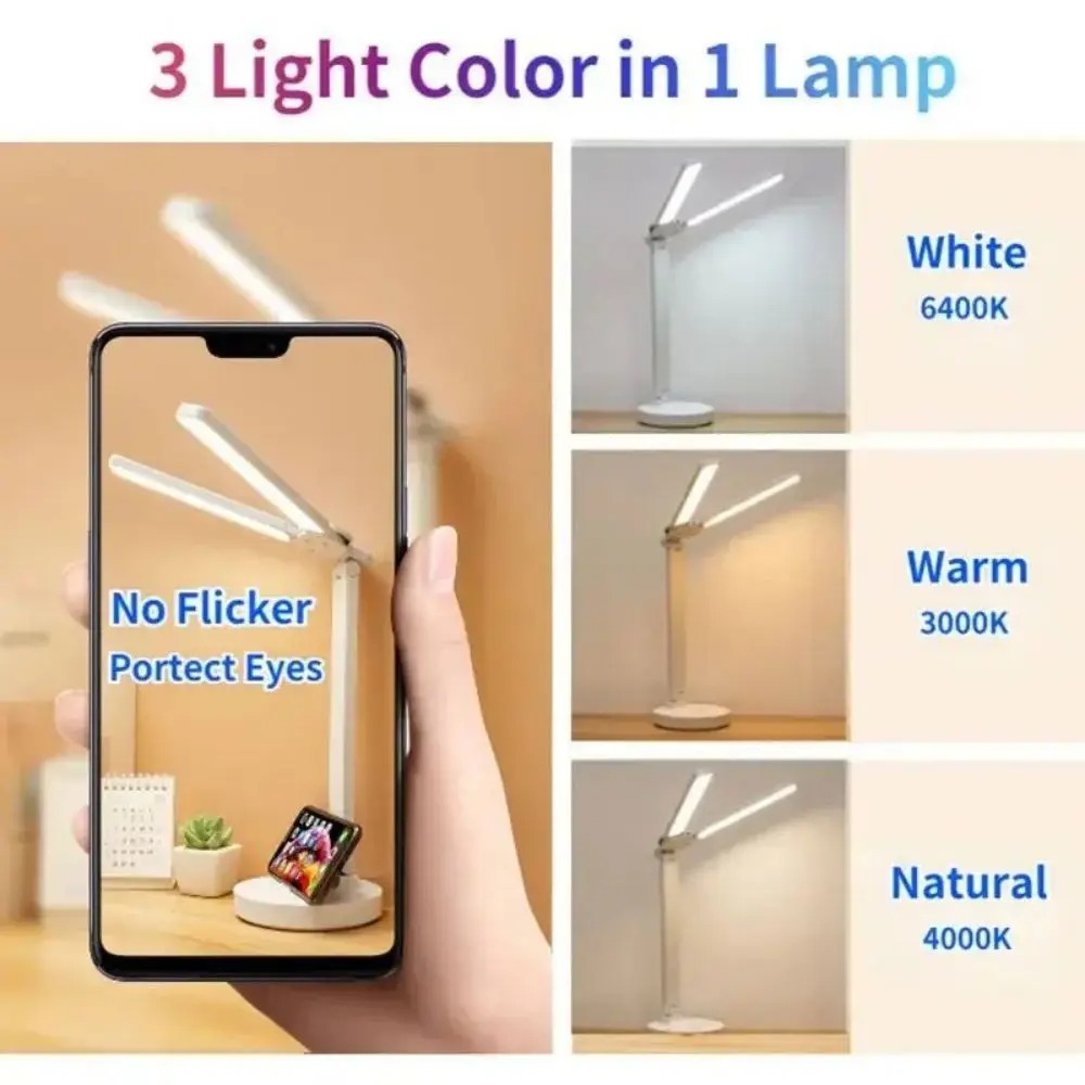 Multifunktions-3-Farben-LED-Tischlampe, 2-köpfig, zusammenklappbar, mit Ventilator, Uhr, Schreibtischlampe, USB-Aufladung, Nachttisch-Nachtlicht