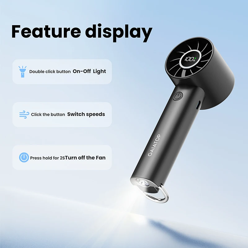 GAIATOP Portable Mini Fan, Handheld Fan with LED Display & Flashlight, 3 Speeds 2000mAh USB Rechargeable Battery Fan