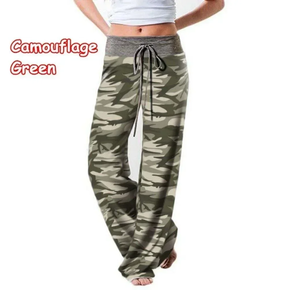 Plus Size Dames S-8XL Mode Casual Losse Stretch Afdrukken Trekkoord Lounge Broek Pyjama Lange Wijde Pijpen Broek