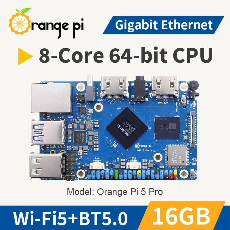 Orange Pi 5 Pro 16 ГБ ОЗУ Rockchip RK3588S 8-ядерный 64-битный Wi-Fi 5 + BT5.0 M.2 M-KEY Слот Gigabit Ethernet Мини-ПК Макетная плата