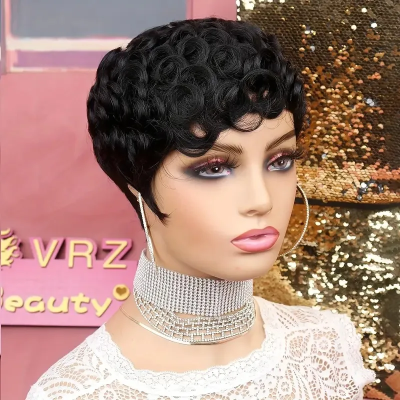 Curto ondulado encaracolado pixie corte completo máquina feita perucas de cabelo humano com bang para preto feminino remy cabelo brasileiro pixie corte peruca