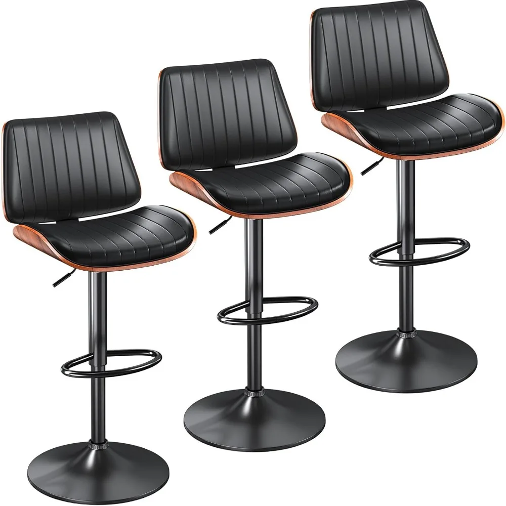 Bar Stools Set of 3, Modern Barstools with Bentwood Back and Leather Seat, Barstools for Kitchen Counter