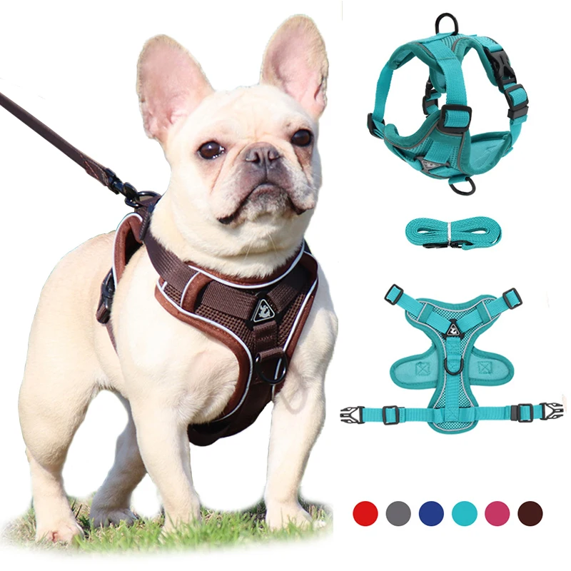 Conjunto de arnés y correa para perro sin tirones, chaleco ajustable con arnés para mascotas para perros pequeños y gatos, correa para el pecho de malla reflectante para perro, Bulldog Francés
