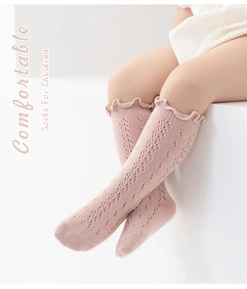 Calcetines hasta la rodilla con volantes para niños, calcetines largos de algodón suave con encaje y flores para recién nacidos de 0 a 3 años